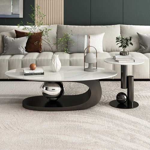 Luxurious Black Nickel Centre Table Set of 2 With White Marble Top - Oval Design
