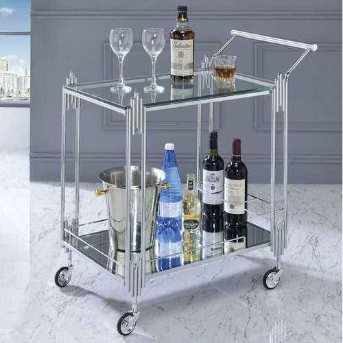 Modern Nickel Tone Stainless Steel Rectangle Trolley with Clear Glass - 2 Tier Bar Cart
