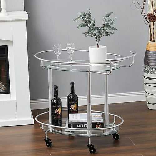 Modern Oval Iron Trolley with Clear Glass Top - 2 Tier Bar Cart