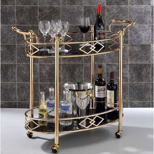 Luxurious Golden Iron 2 Tier Oval Trolley with Black Glass - Space Saving Design
