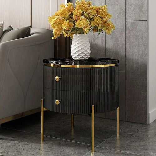 Modern Circular Side Table with Black Marble Top and 2 Drawers