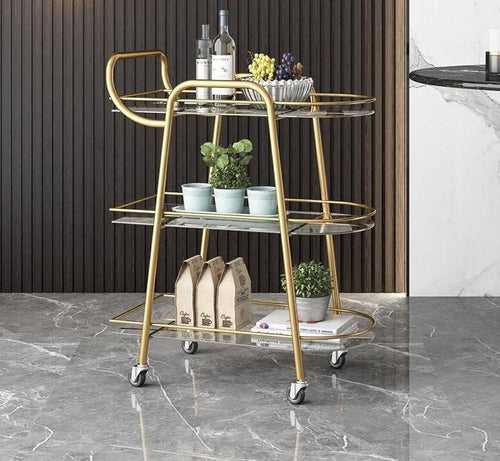 Modern Golden Iron Trolley with Clear Glass Top - 3 Tier Bar Cart