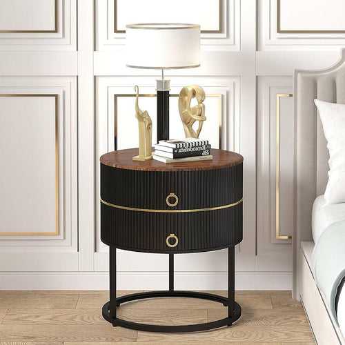 Luxurious Round Iron Side Table with Wooden Top - Space Saving & Easy-to-Clean Surface