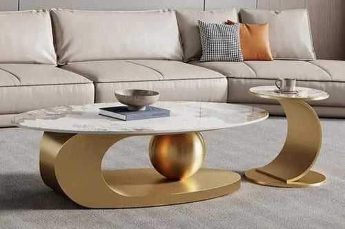 Luxurious Oval Centre Table with Side Table - Golden & White Marble Top