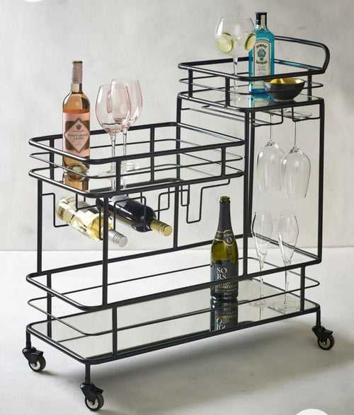 Luxurious Black Iron 3 Tier Rectangle Trolley with Mirror Top - Space Saving Design