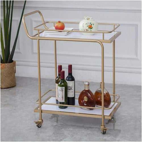 Modern Golden Iron Rectangle Trolley - 2 Tier with White Marble Top