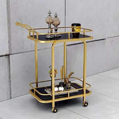 Luxurious Golden Iron 2 Tier Bar Cart with Black Marble Top - Modern Design