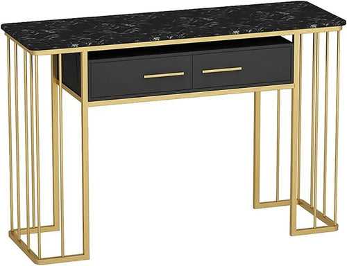 Luxurious Modern Rectangle Console Table with White Marble Top and Storage Box (Black & Golden)