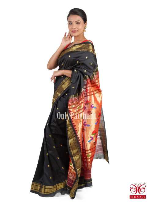 Black single color silk paithani saree