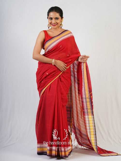 Red cotton jamdani saree