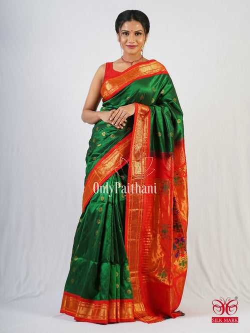 Bottle green silk paithani saree with red border