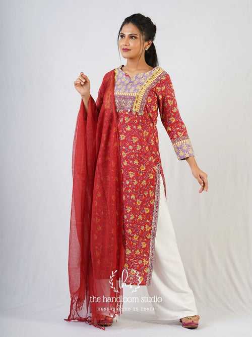 Hand Block Printed kurta with Kota dupatta