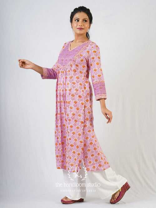 Lavender handblocked printed kurta