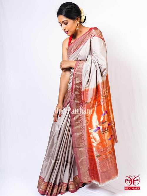 Beige silk paithani saree