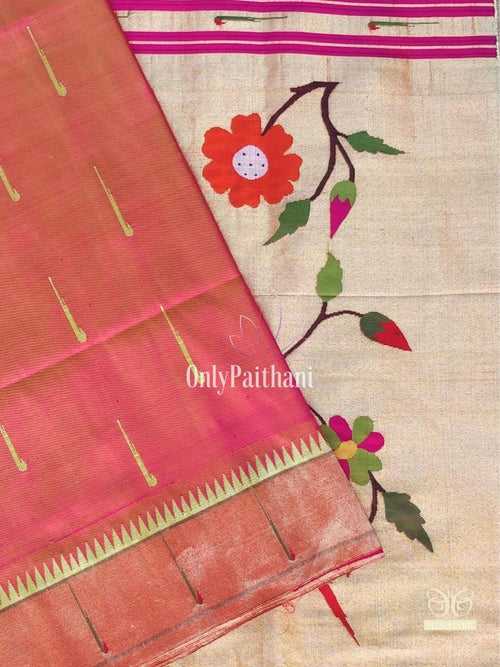 Peach single muniya silk paithani with rich pallu