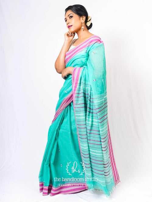 Turquoise cotton jamdani handloom saree