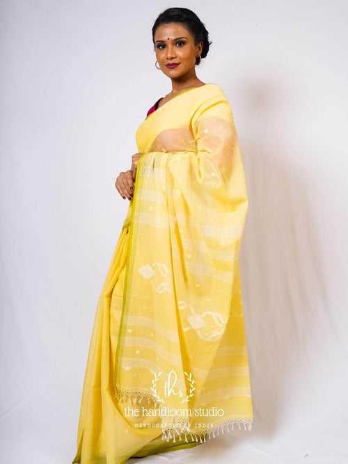 Lime yellow handloom cotton jamdani saree