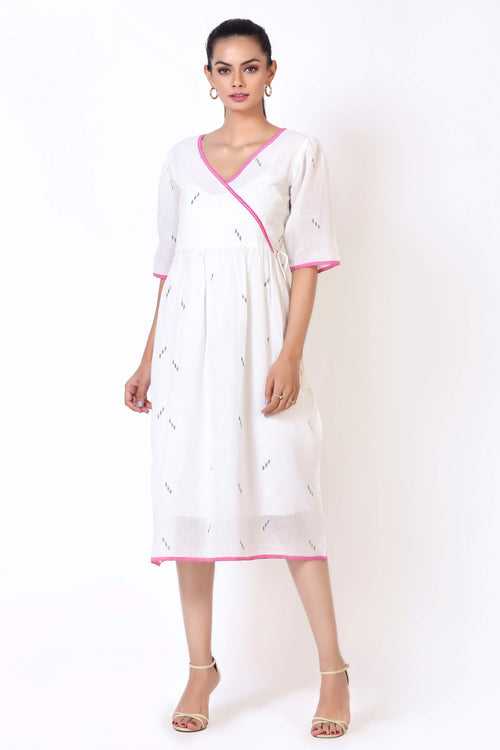 The Jamdani Side Tie Dress - Off-white with a hint of pink