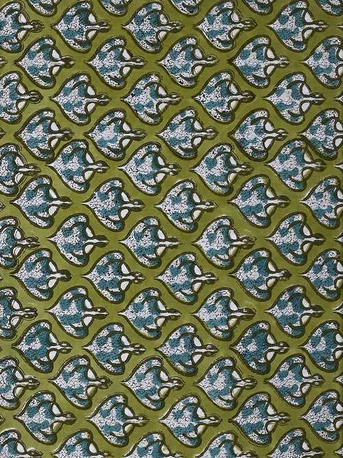 Green Paan Booti Pattern Cotton Cambric Sanganeri Hand Block Printed Fabric