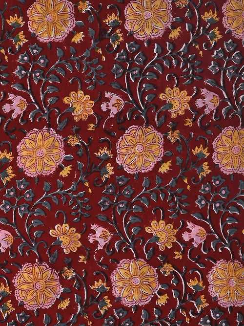 Red Bageecha Jaal Pattern Cotton Cambric Sanganeri Hand Block Printed Fabric
