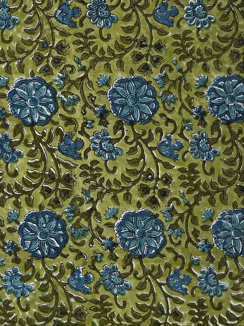 Green Bageecha Jaal Pattern Cotton Cambric Sanganeri Hand Block Printed Fabric