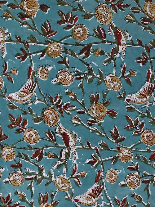 Firozi Blue Chidiya Jaal Pattern Cotton Cambric Sanganeri Hand Block Printed Fabric