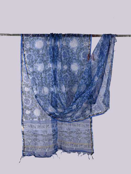 Aasmani Blue Hand Block Printed Aster Phool Kota Doria Dupatta