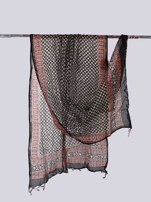 Bagru Black Hand Block Printed Bindu Kota Doria Dupatta