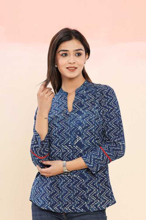 Indigo Chevron Geometric Print Hand Block Printed Womens Tops