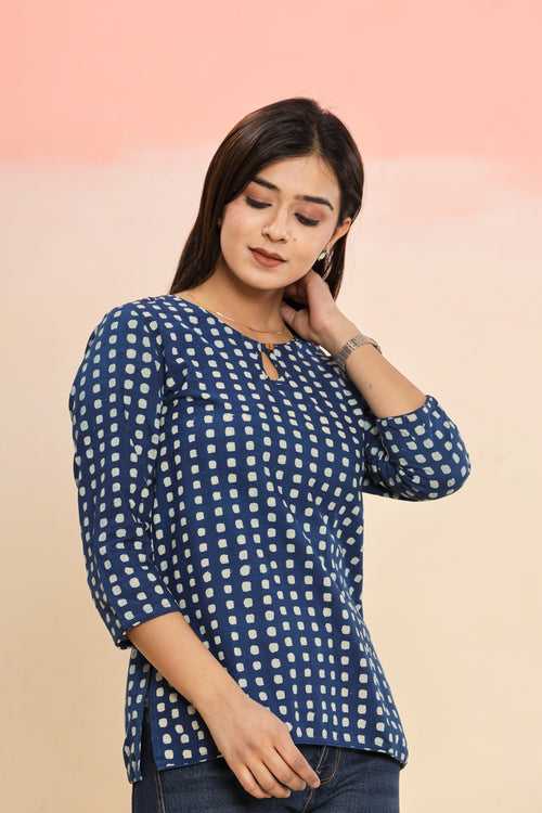 Indigo Choti Chowk Geometric Hand Block Printed Womens Tops