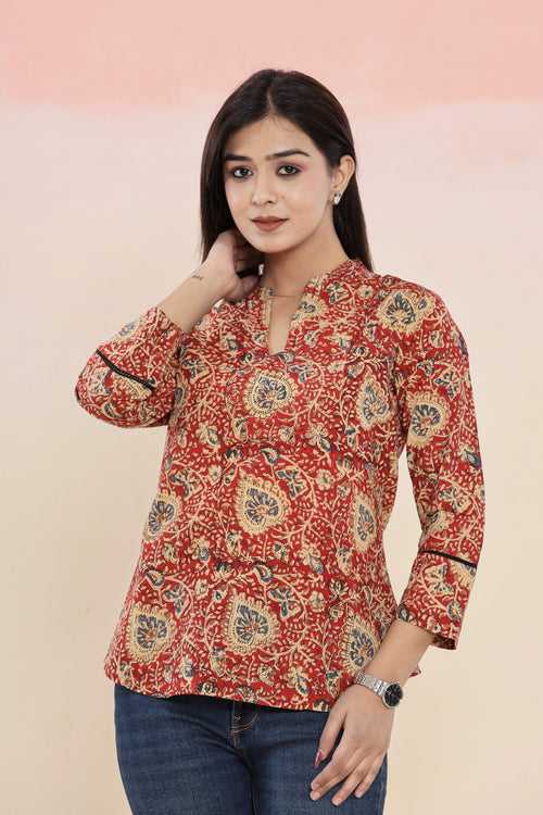 Bagru Red Kalamkari Hand Block Printed Womens Tops