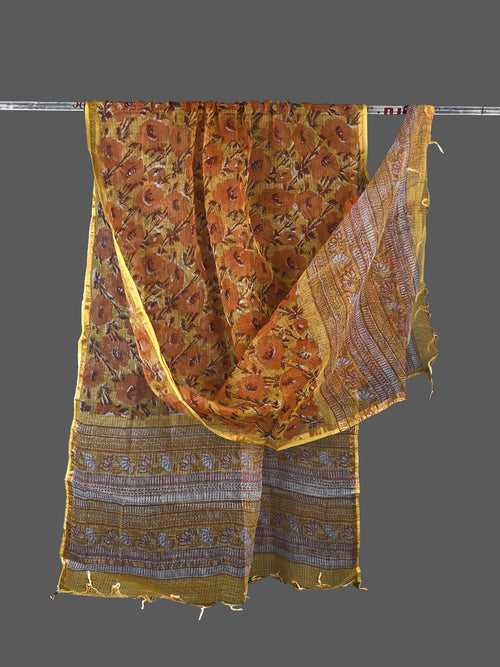 Yellow Hand Block Printed Poppy Flower Jaal Kota Doria Dupatta