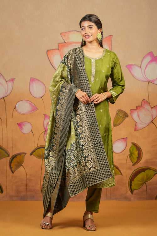 Allover Floral Weave With Mirror Sequin Embroidered Kurta Set With Brocade Dupatta Green