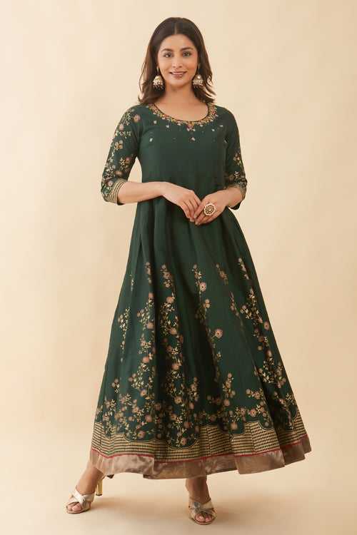 Festive Floral Embroidered Printed Anarkali Green