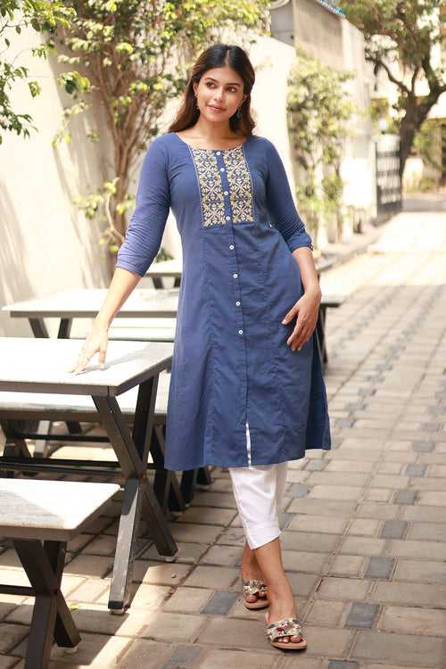 Solid Blue Kurta with Button Detailing Embroidery Stylish Wear