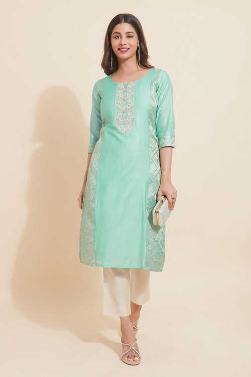 Floral Embroidered With Brocade Panelled Kurta Green