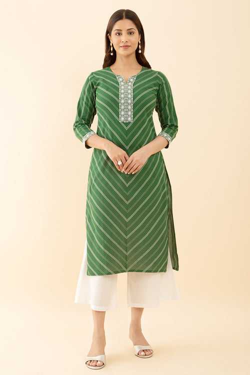 Green Color Geometric Print Weave Embroidered Kurta with Mirror