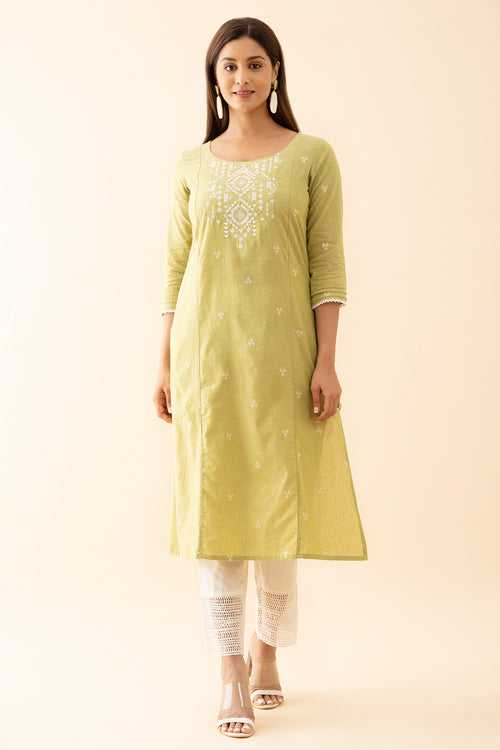 Dobby Weave Kurta with Embroidered Yoke Lace Embellished Sleevehem Light Green