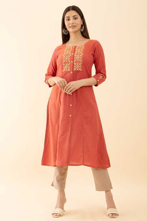 Orange Solid Kurta with Button Detailing Embroidery Stylish Wear