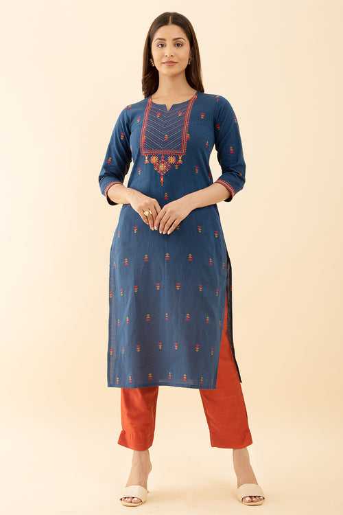 Blue Embroidered Printed Dobby Kurta Stunning Design