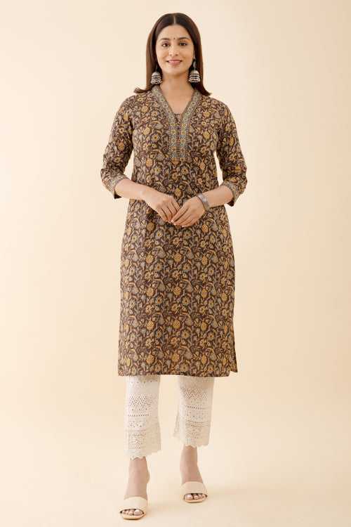 Kalamkari Block printed Kurta with Foil Mirror Embellished Yoke Brown