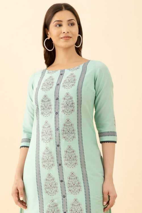 Green Floral Kurta Button Up Design with Printed Stripes
