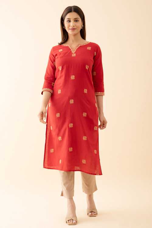 Annapakshi Motif Dobby Kurta with Embroidered Neckline Red