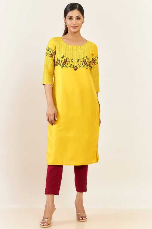 Floral Butterfly Motif Printed Kurta Yellow