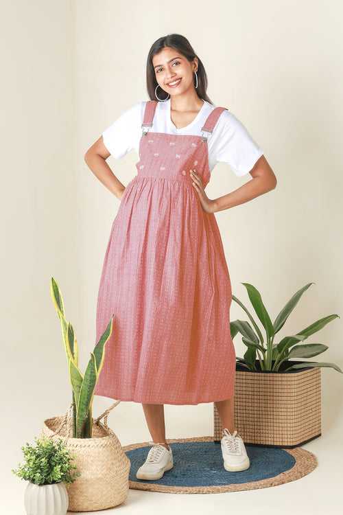 Dungaree Maternity Dress with Ditsy Embroidered Yoke Peach