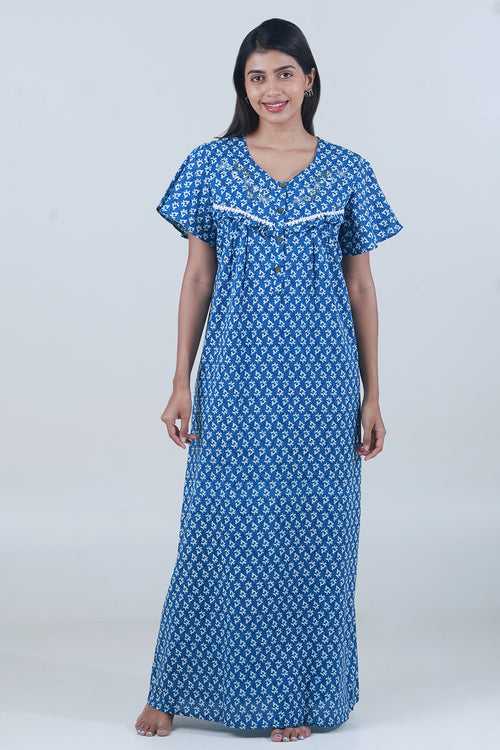Monochromatic Printed Nighty With Embroidered lace Embellished Yoke Blue