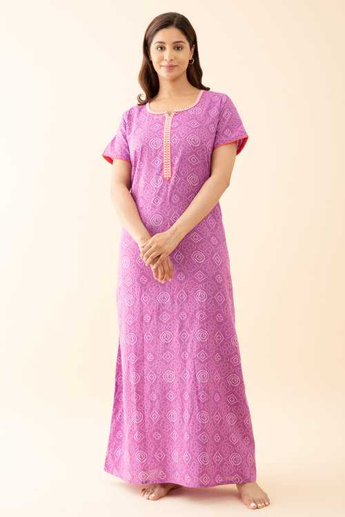 Bandhani Printed Nighty with Contrast Embroidered Yoke Purple