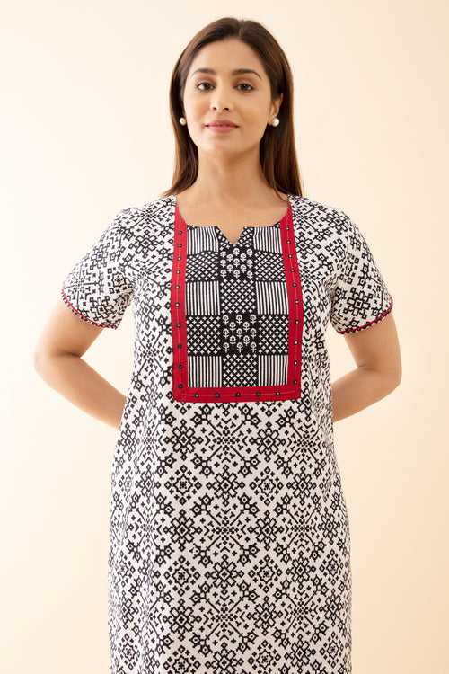 All Over Geometric Printed Nighty with Mosaic Printed Yoke White