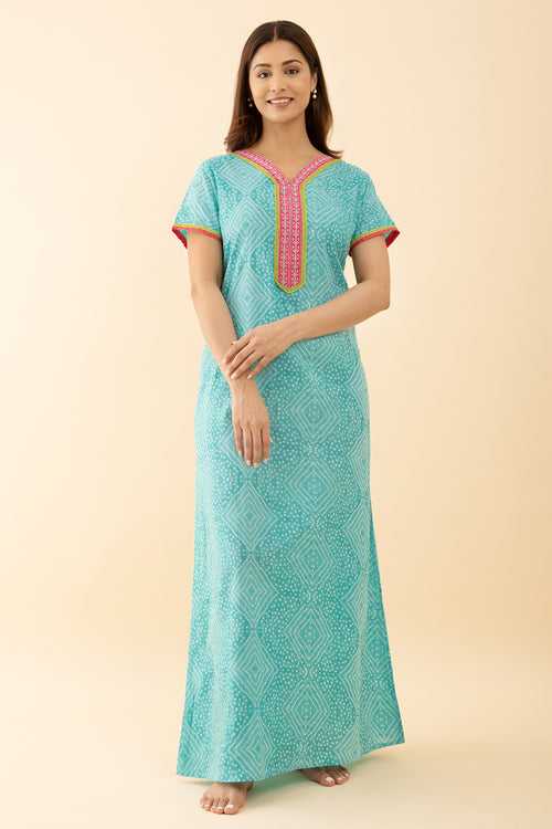 Blue Color Cotton Nighty with Stylish Embroidery