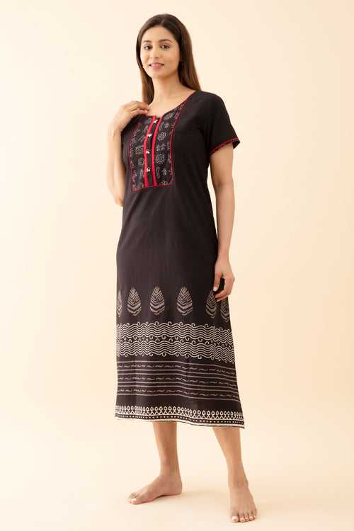 Solid Nighty with Warli Art Printed Yoke Black